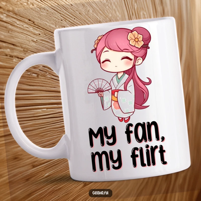 Funny geisha mug with a winking character playfully waving a small, patterned fan, conveying coquettish humor.