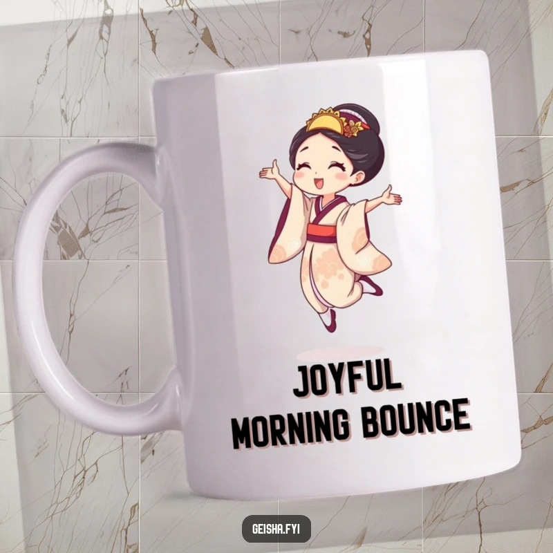 Funny geisha mug depicting a woman doing a tiny, joyful leap, capturing the essence of spontaneous happiness and playful energy.