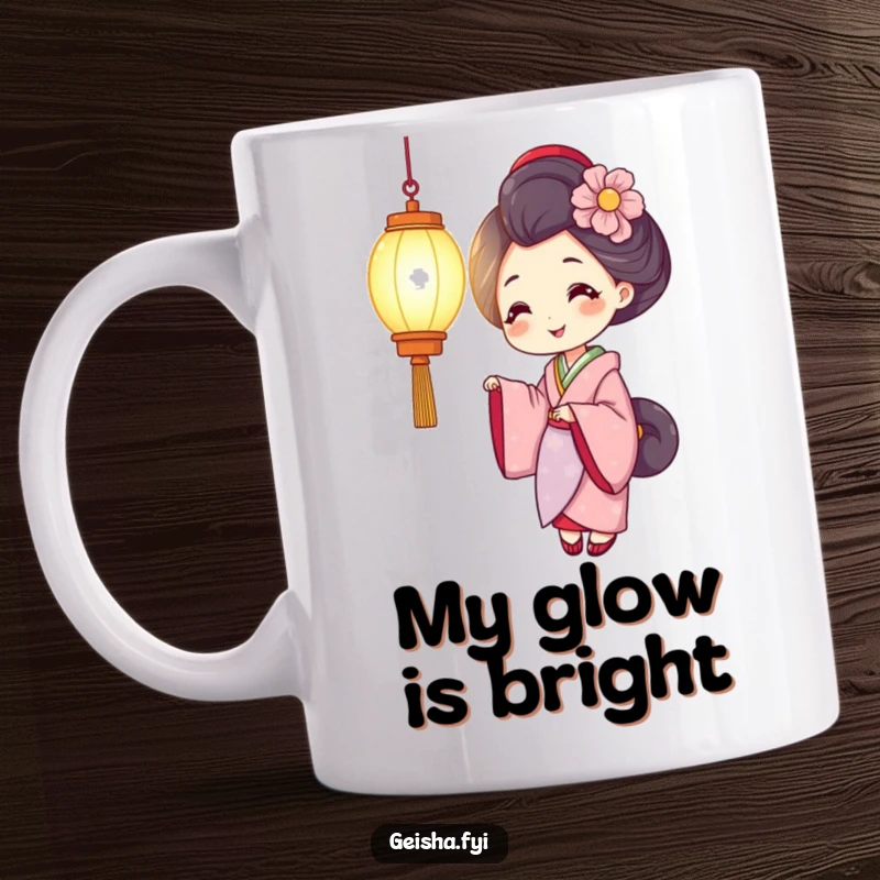 Funny geisha mug with a smiling woman holding a brightly glowing lantern, symbolizing warmth, light, and cheerful hospitality.