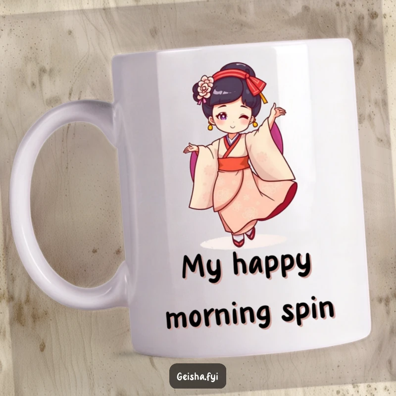 Funny Geisha Mug: Cheerful character in a graceful, twirling dance, spreading joy and laughter with every sip.