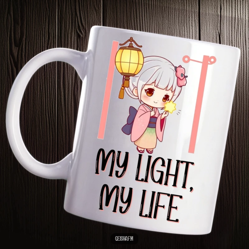 Funny geisha mug with a curious expression examining a brightly glowing lantern, perfect for a mysterious and humorous gift.