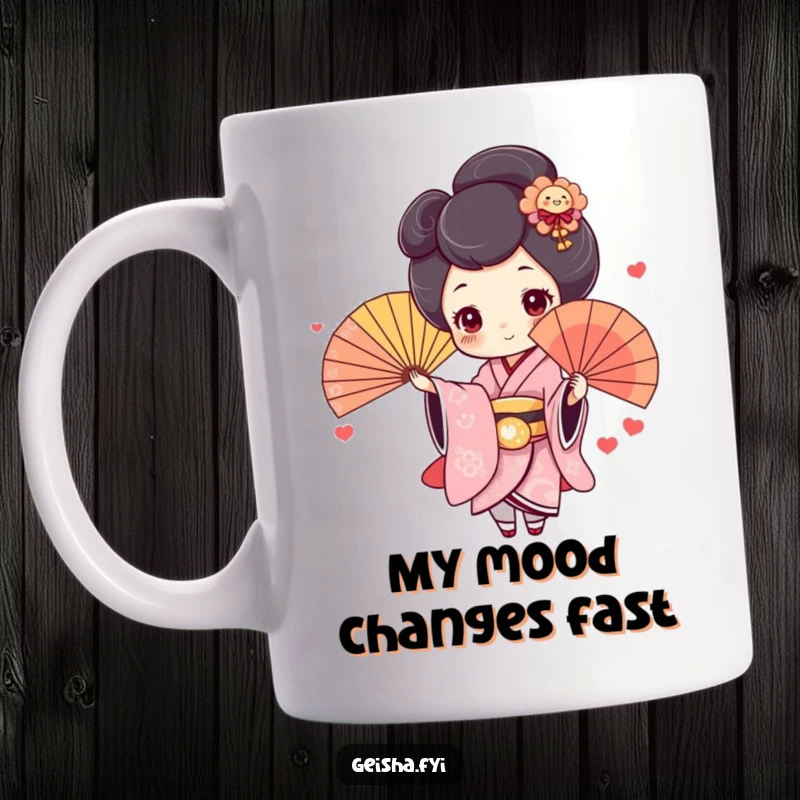Funny Geisha Mug: Cute character with rosy cheeks joyfully throws a colorful fan, embodying playful elegance for a humorous gift.