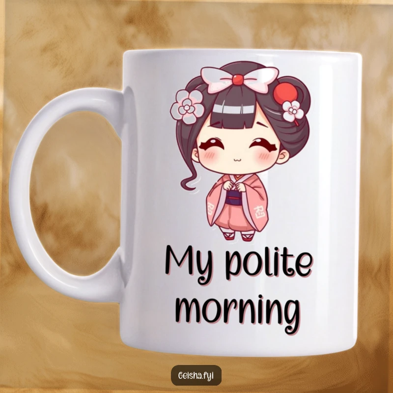 Funny Geisha Mug: A happy character offers a delicate, smiling bow, radiating politeness and cheerful humor.