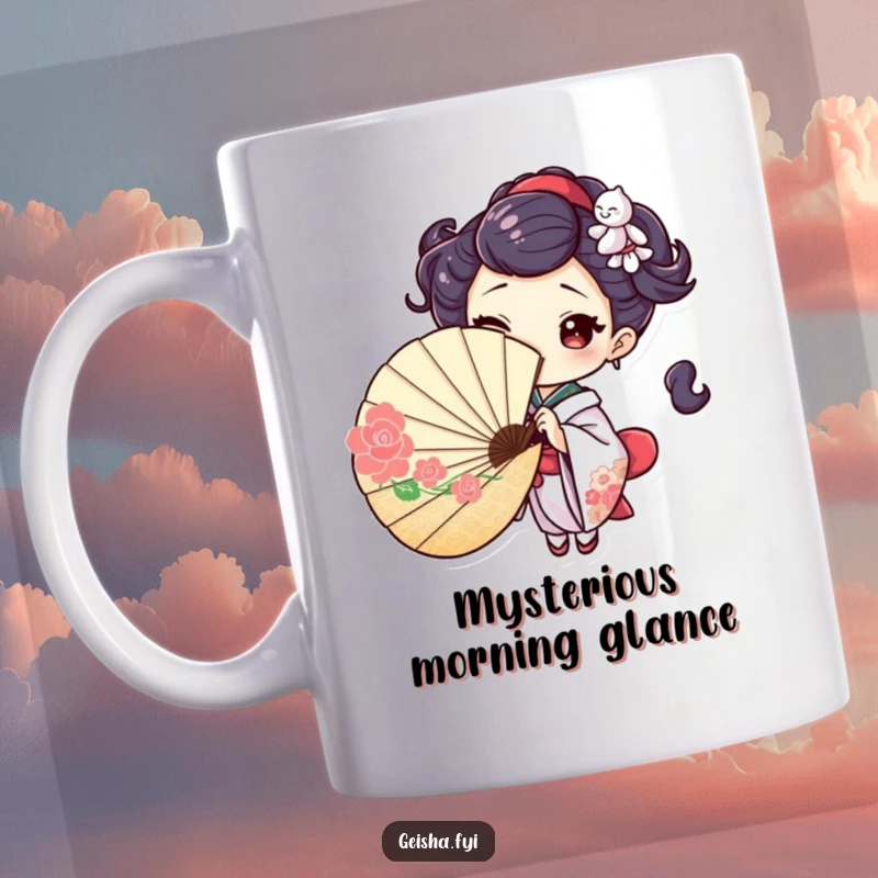 Playful mug showing a geisha character peeking from behind a decorative fan, giving a mischievous wink, hinting at hidden charm.