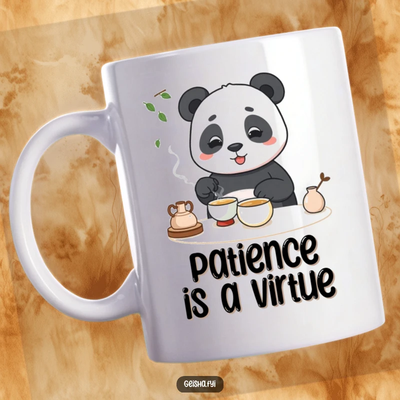 Funny mug featuring a clumsy panda hilariously attempting a tea ceremony, perfect for a giggle.