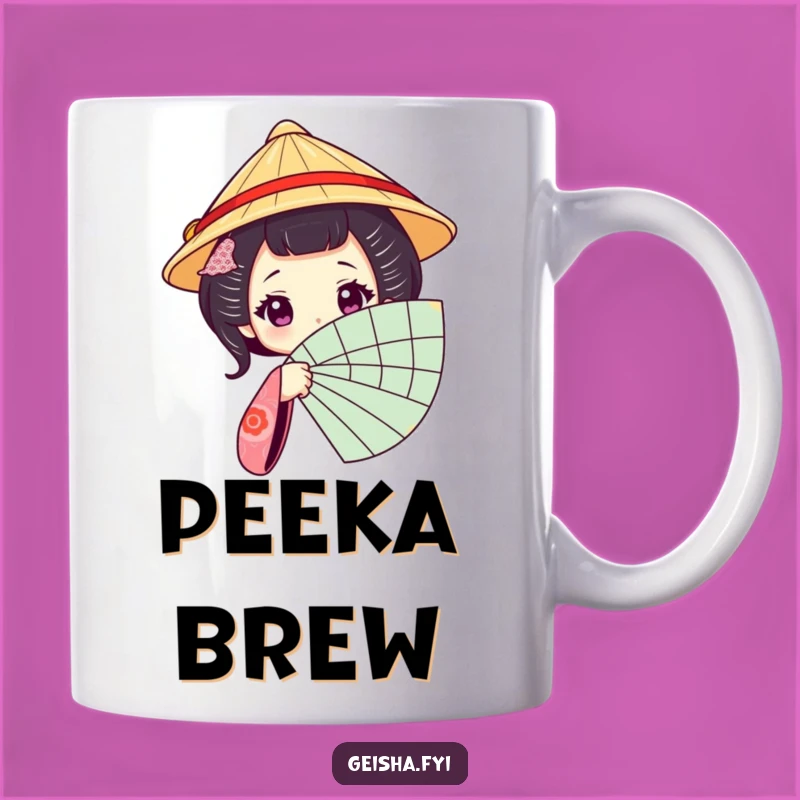 Funny Geisha Fan Mug: Mysterious Peek from a Traditional Hat, Elegant and Humorous Gift