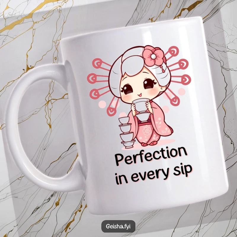 Funny geisha character smiling while artfully balancing a precarious stack of tiny teacups on this mug.