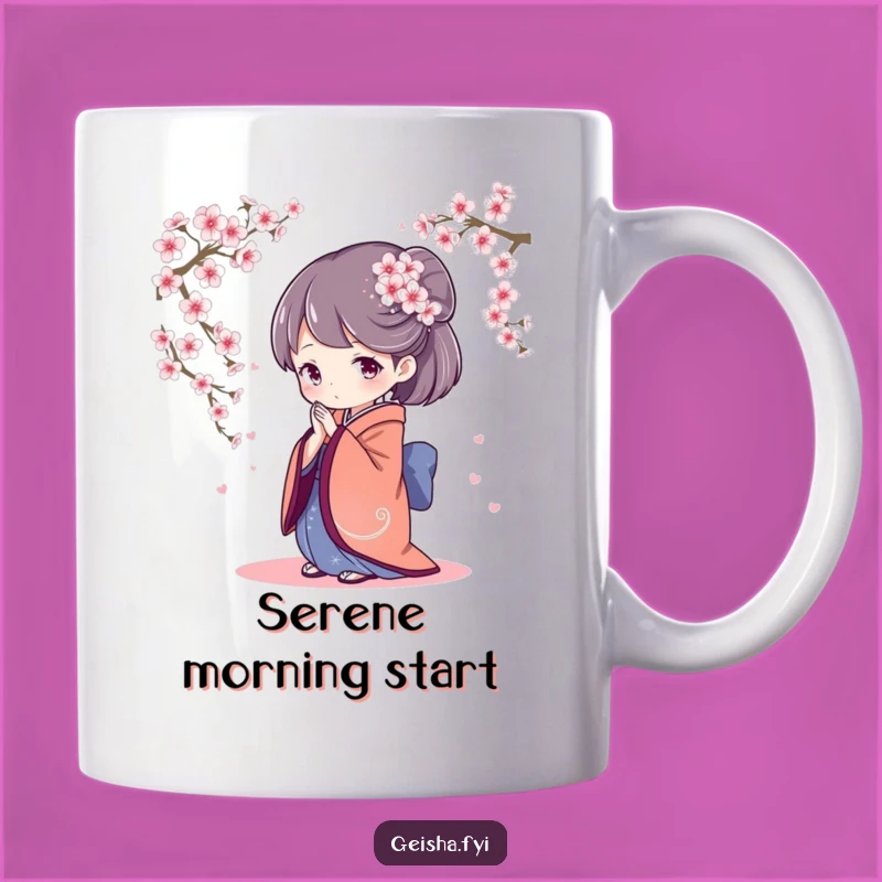 Elegant Geisha Bowing Mug: Graceful Cherry Blossoms, Serene Humorous Gift