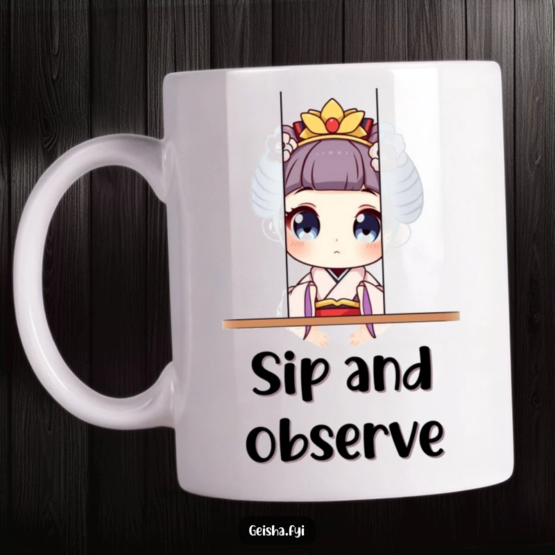 Funny geisha character with wide eyes playfully peeking from behind a decorative screen on this humorous mug.