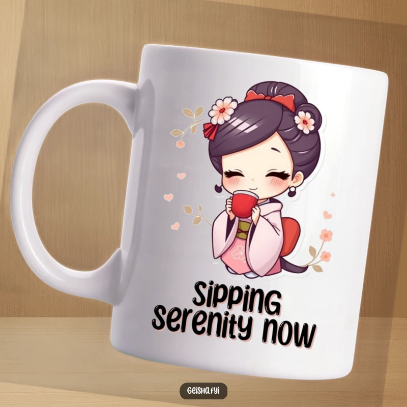 Funny mug showcasing a cute geisha character with a broad, happy smile gracefully sipping from a teacup.
