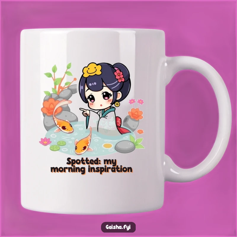 Funny Geisha Points at Koi Mug: Whimsical Pond Scene for a Delightful Gift