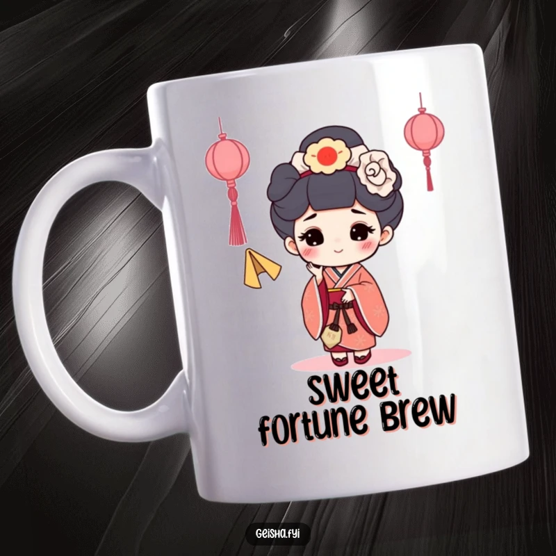 Funny Fortune Cookie Geisha Mug: A geisha character happily tossing a fortune cookie into the air with joy.