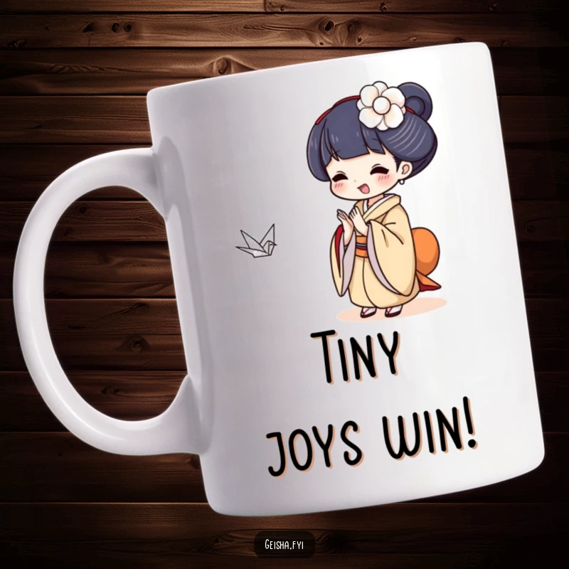 Funny Geisha clapping delightedly at a tiny floating paper crane, a humorous and joyful mug design.