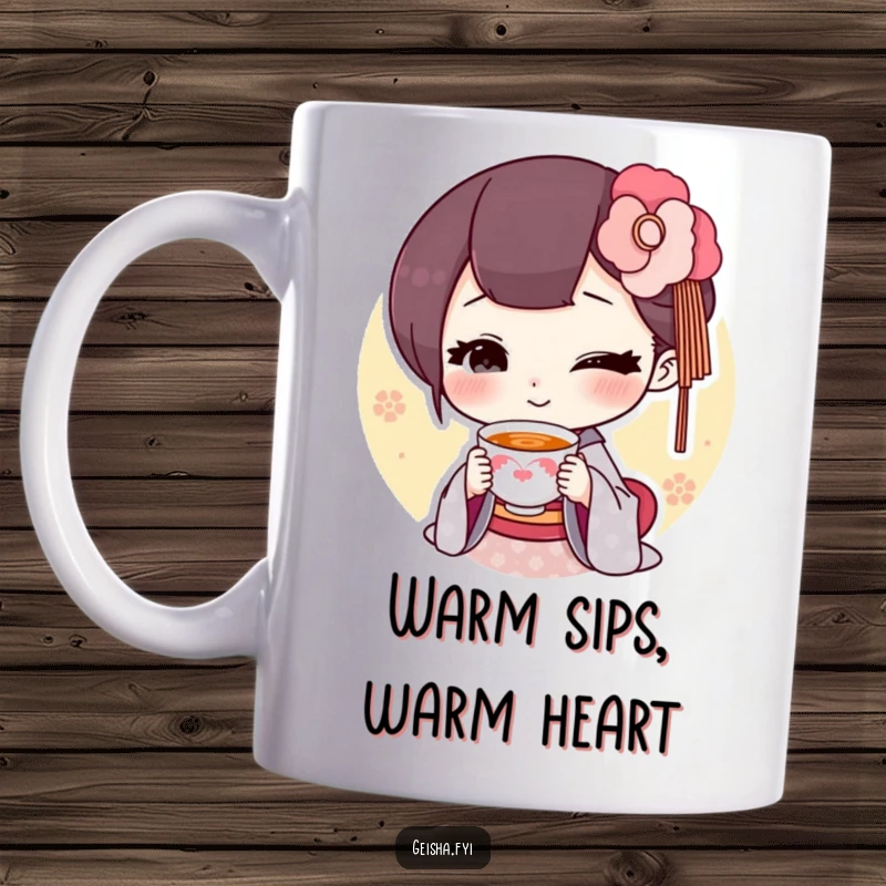 Funny geisha offering a tiny smiling teacup, delicate gesture, humorous design on a mug, great funny gift.