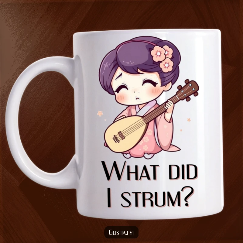 Funny Geisha Mug: Surprised character plays a tiny shamisen with wide eyes, embodying comical musical moments.