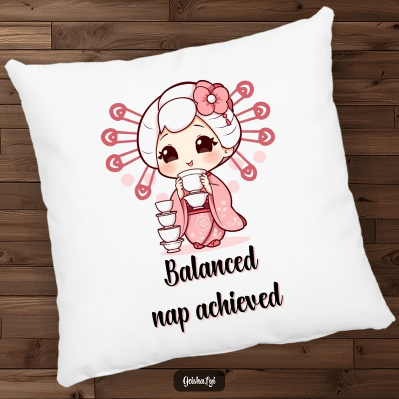 Soft funny geisha character humorously balancing tiny teacups, offering comfort and charm on this pillow.