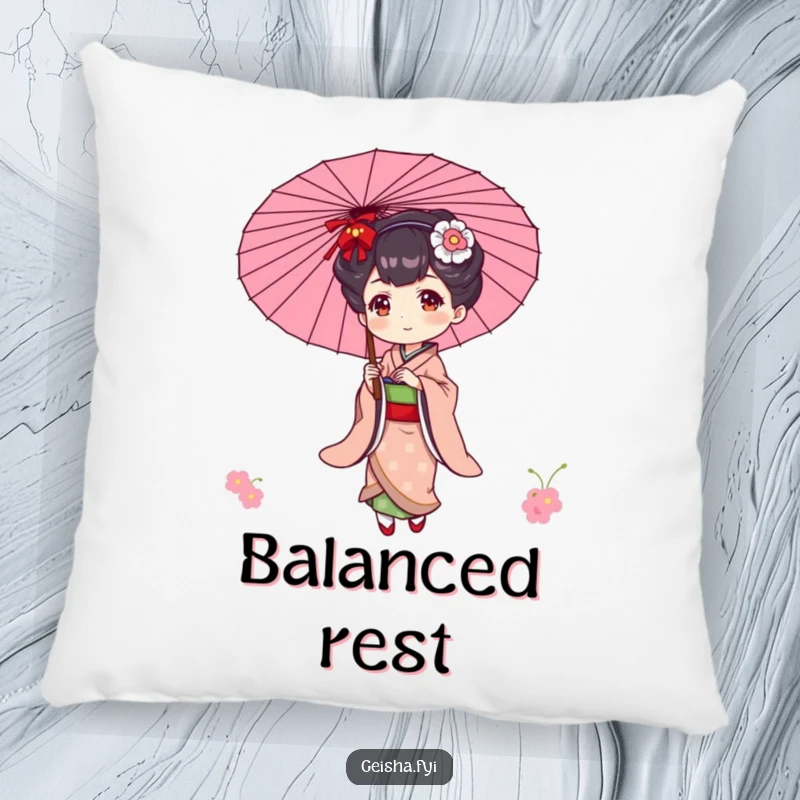 Funny decorative pillow featuring an elegant geisha character playfully balancing a parasol with graceful poise.
