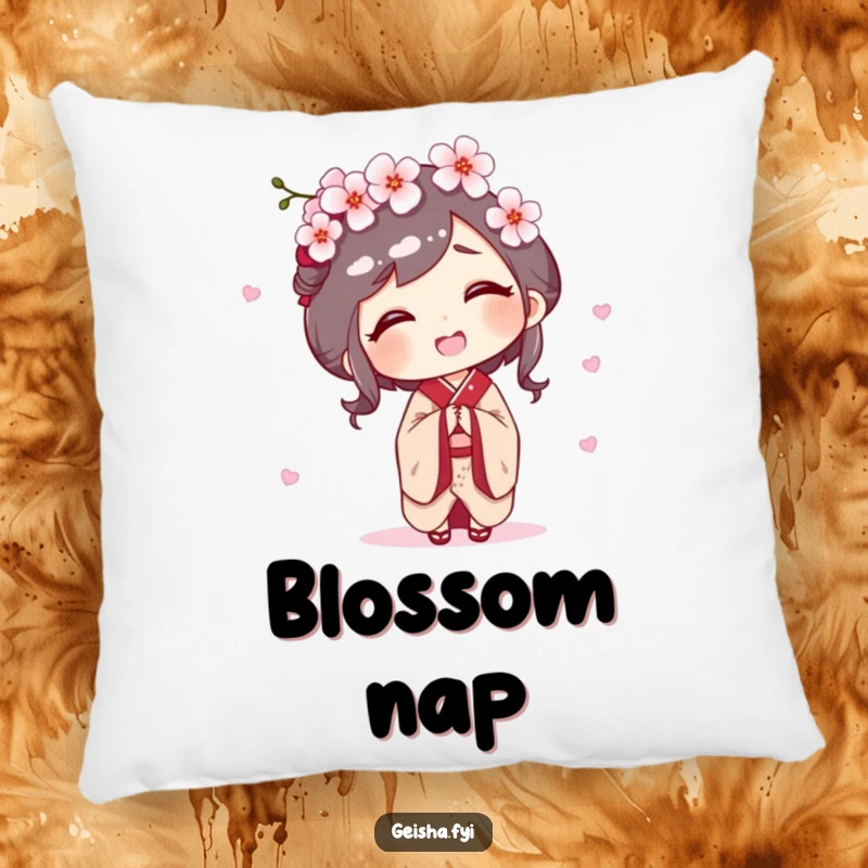 Funny decorative pillow featuring a geisha character giggling as a cherry blossom gently falls on her head.
