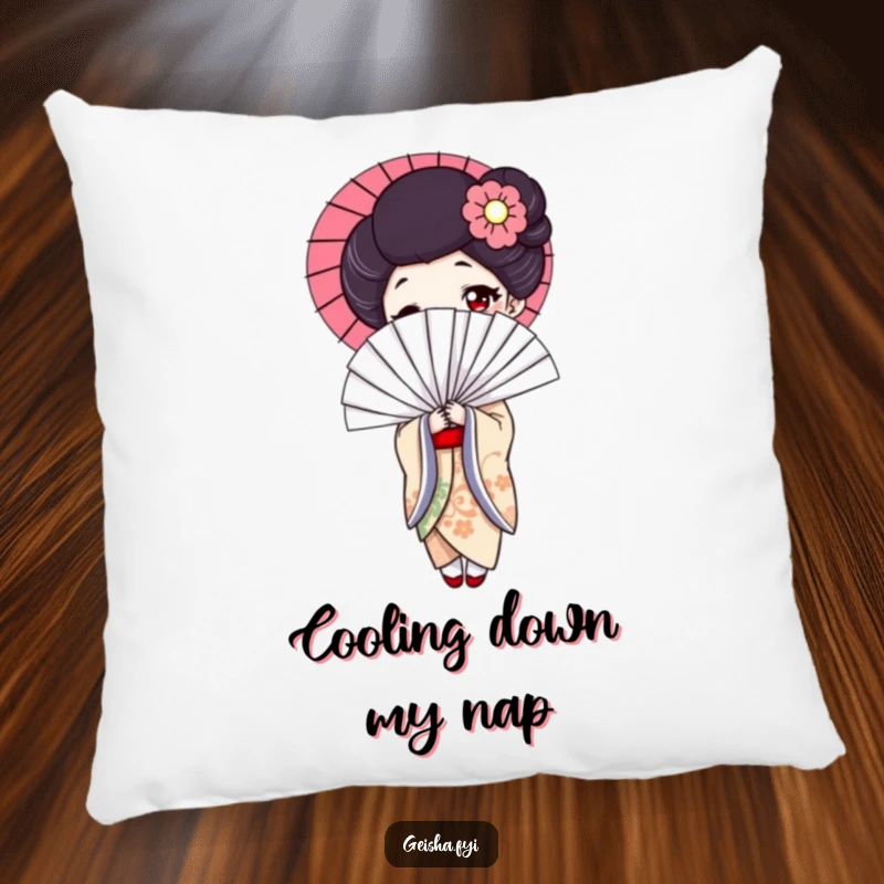 Funny geisha pillow, soft cushion featuring an elegant character with a massive, amusing fan, perfect for humorous home decor.