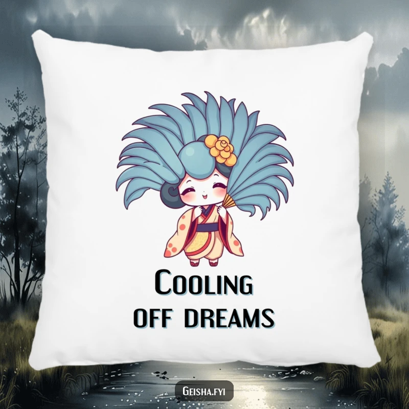 Funny geisha fan pillow design showing a character fanning herself with a huge feather. Soft, amusing, and decorative.
