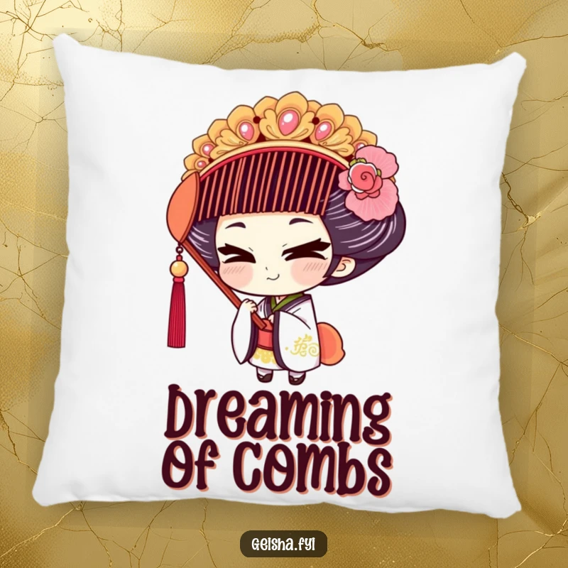 Funny Geisha Pillow: Soft cushion depicting a geisha character with a mischievous smile trying on a large comb.