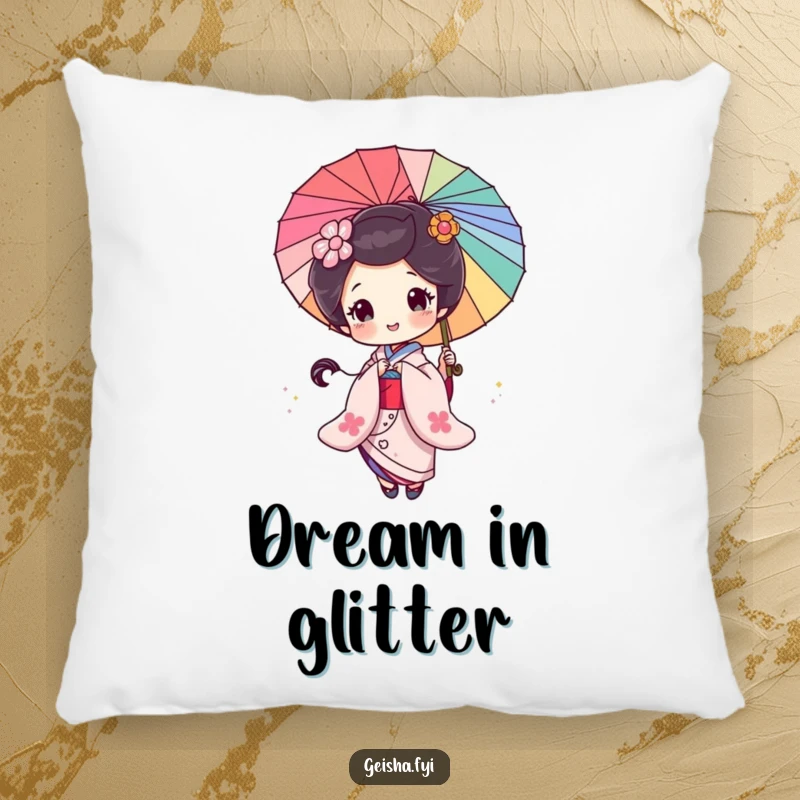 Funny Geisha Pillow: Soft cushion featuring a happy geisha spinning a glittery parasol, adding whimsical charm.