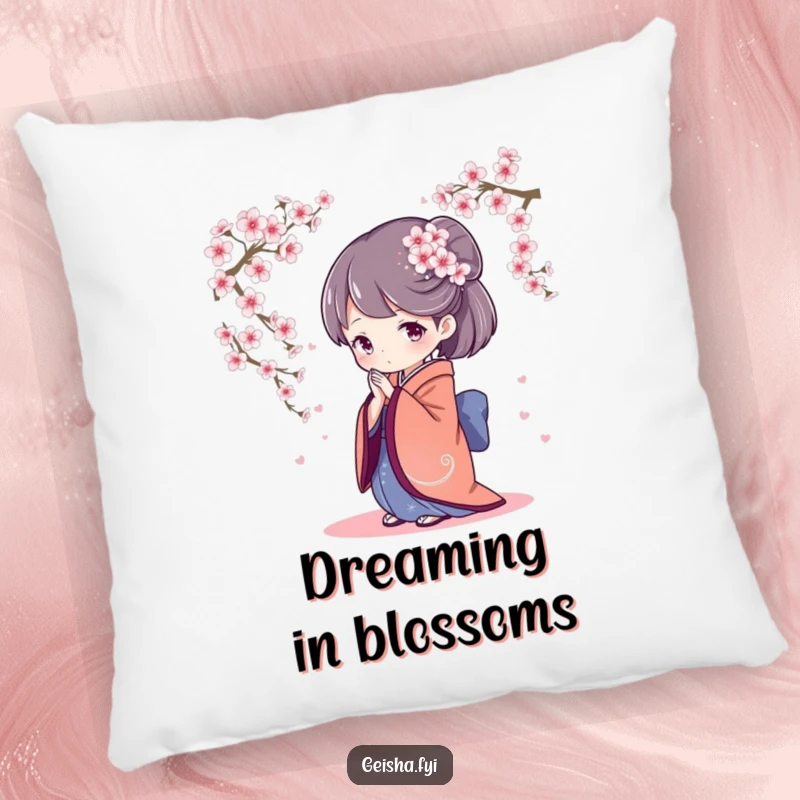 Cozy pillow depicting a geisha character bowing gracefully, surrounded by gentle cherry blossoms, adding a touch of peaceful elegance to any room.