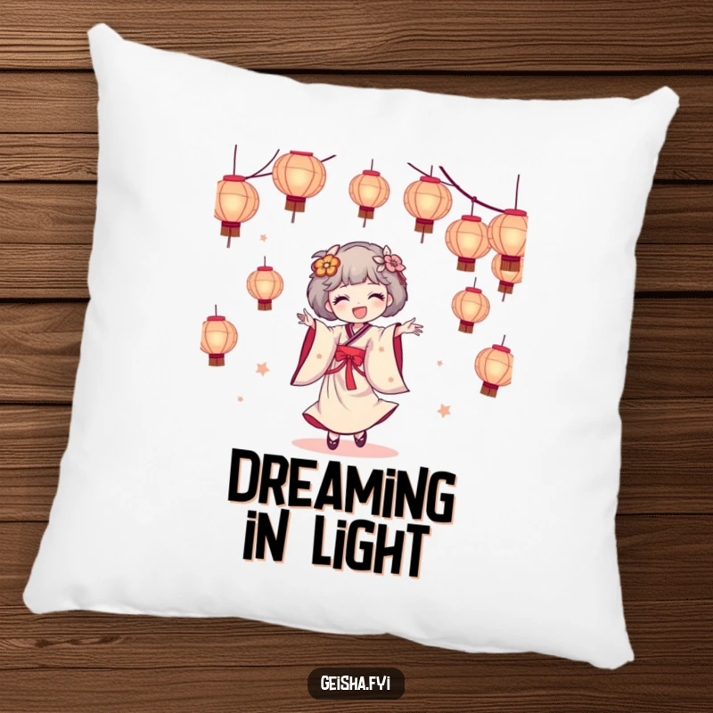 Funny geisha pillow showing a geisha character dancing happily amidst a beautiful stream of colorful paper lanterns, cozy and decorative.