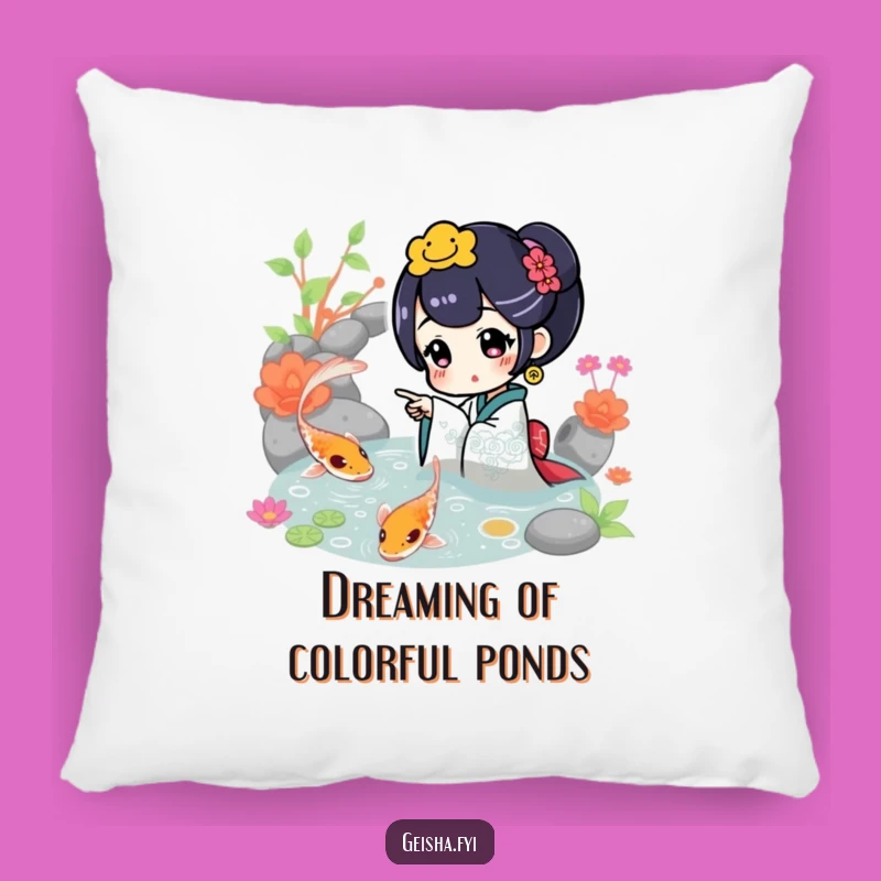 Funny Geisha Points at Koi Pillow: Soft Comfort with Serene Nature Scene Gift