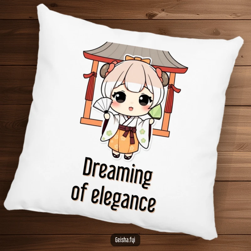 Soft pillow with a funny kawaii character in Japanese attire playfully tossing a fan, offering comfort and cultural charm.
