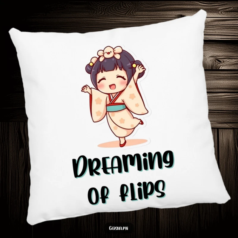 Funny geisha doll pillow design featuring character doing a cartwheel with a joyful expression. Soft, amusing, and decorative.