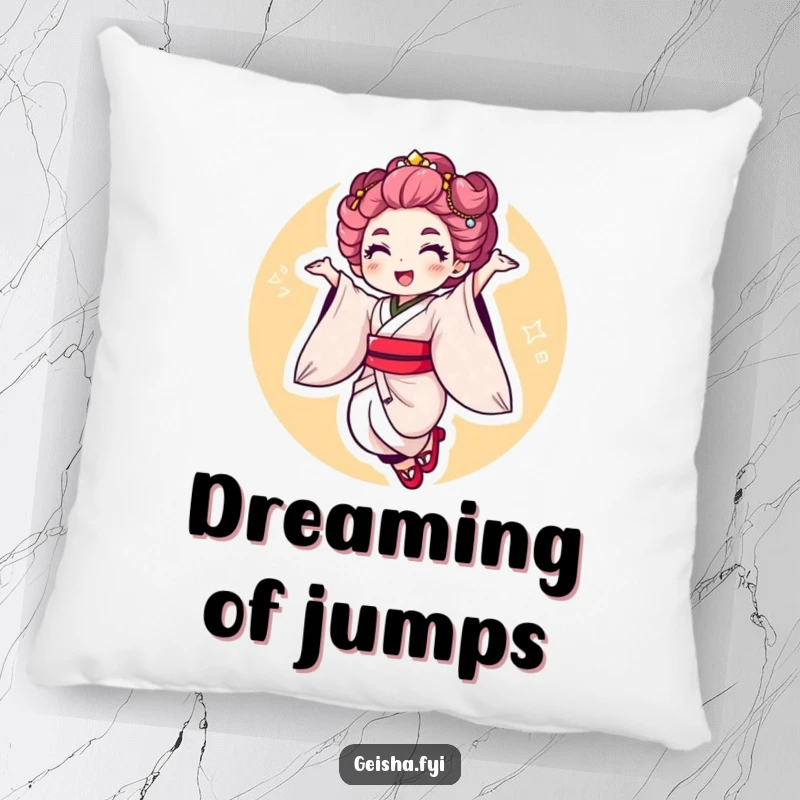 Funny Geisha Jump Pillow: a soft cushion featuring a character making a joyful, energetic jump with a flourish, very stylish.