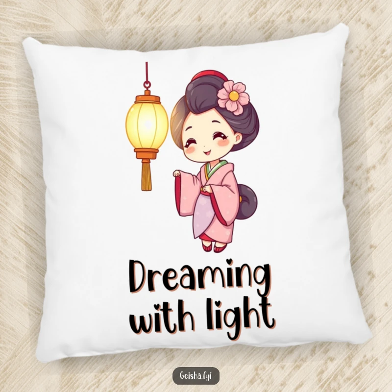 Funny geisha pillow with a smiling character holding a brightly glowing lantern, providing soft comfort and a warm, cheerful atmosphere.