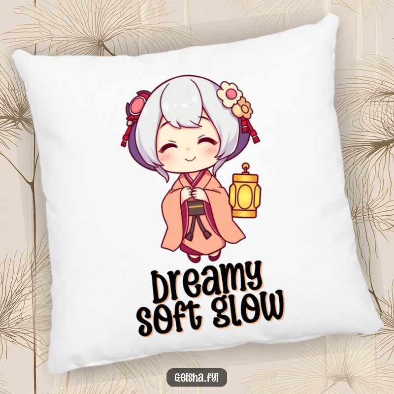 Funny Geisha offering a glowing lantern, soft and humorous decorative pillow.