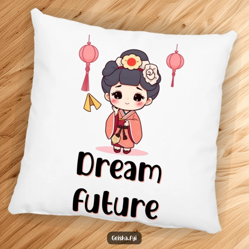 Funny Fortune Cookie Geisha Pillow: A soft pillow showing a geisha character happily tossing a fortune cookie.