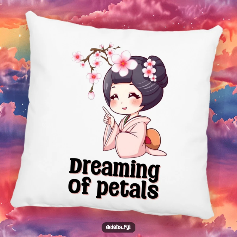 Funny geisha pillow, a geisha smiles widely pointing at a falling cherry blossom, soft and humorous decor.