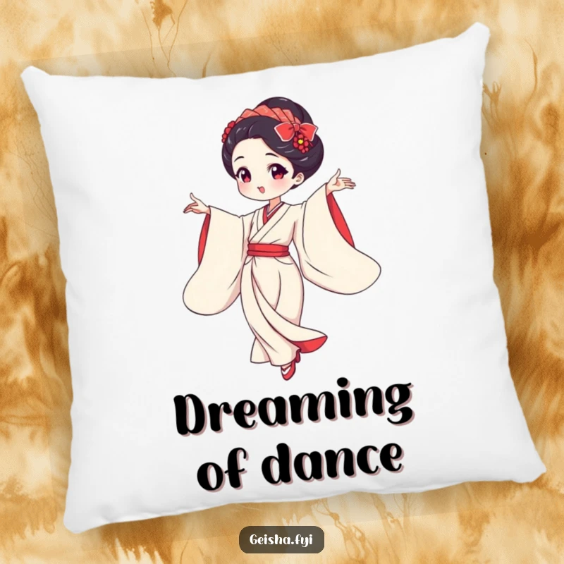 Funny geisha dancing gracefully with flowing sleeves pillow, soft cushion, elegant and comical illustration, great funny gift.