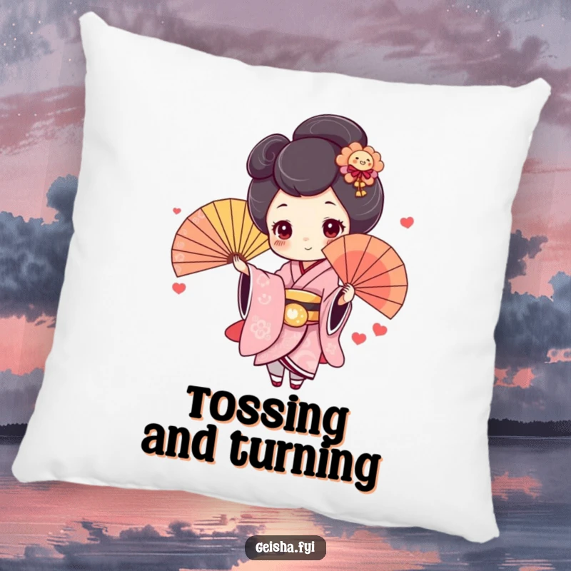 Funny Geisha Pillow: Cute character with rosy cheeks joyfully throws a colorful fan, a soft and humorous decorative accent.