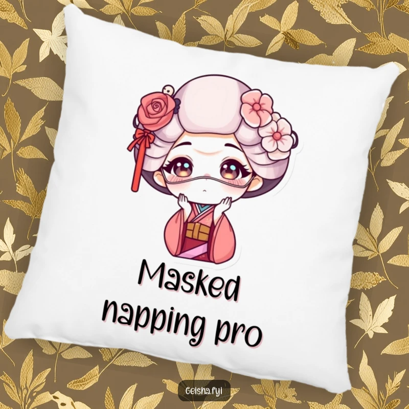 Funny geisha pillow featuring a geisha making a funny face with a delicate mask, offering comfort and humorous art.