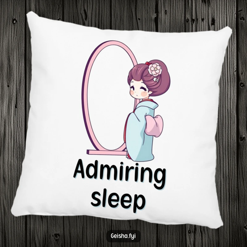 Funny geisha pillow, a geisha happily admires her reflection in a mirror, soft and humorous decor for self-love.