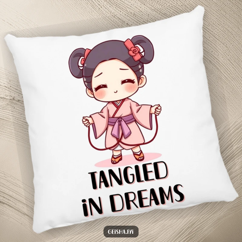 Funny geisha obi pillow design featuring a mischievous obi character as a jump rope. Soft, amusing, and decorative.