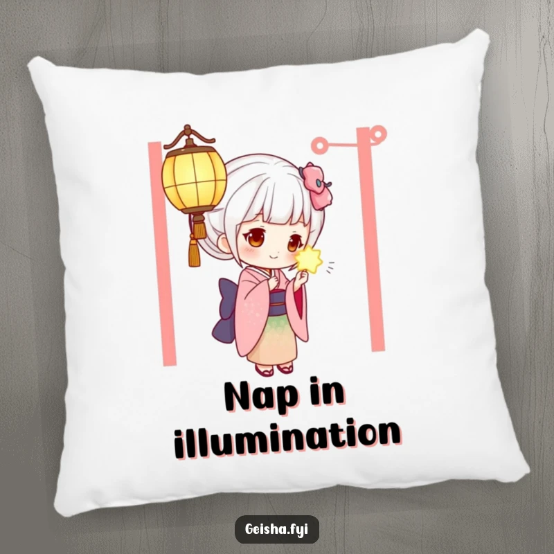 Funny geisha pillow depicting a curious geisha studying a radiant glowing lantern, offering humorous comfort and style.