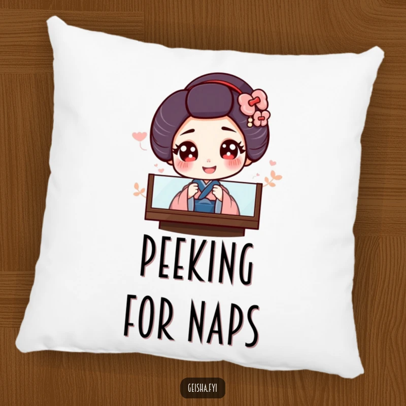 Funny pillow featuring a giggling geisha with large eyes peeking from behind a screen, offering comfort and refined charm.