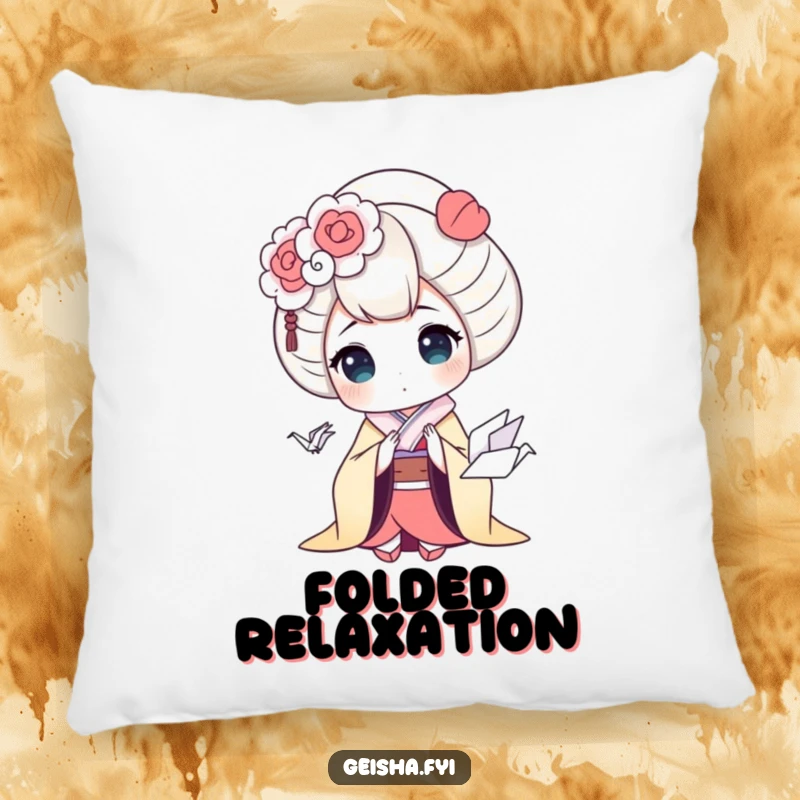 Funny geisha pillow featuring a geisha character in a comical state of surprise encountering a small, charming origami crane, decorative and amusing.