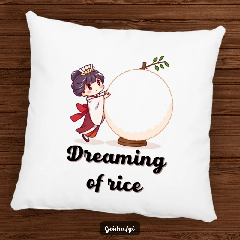 Funny Geisha Rice Ball Pillow: a soft cushion featuring a character comically trying to balance a large, wobbly rice ball, very funny.