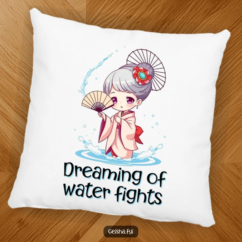 Funny Geisha Splashing Pillow, a character playfully tossing water with a fan, bringing cozy water fun and charm.