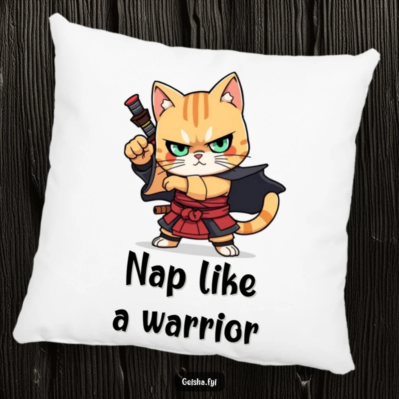 Funny Pillow: A plush pillow featuring a stoic cat samurai in a dramatic pose, providing comfortable and humorous warrior-themed decor.