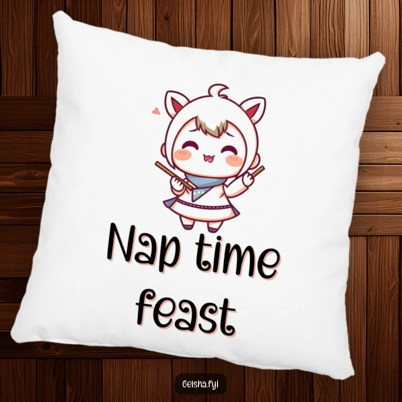 Funny Pillow: A plush pillow depicting a happy bento box character juggling chopsticks, providing comfortable and humorous food-themed decor.