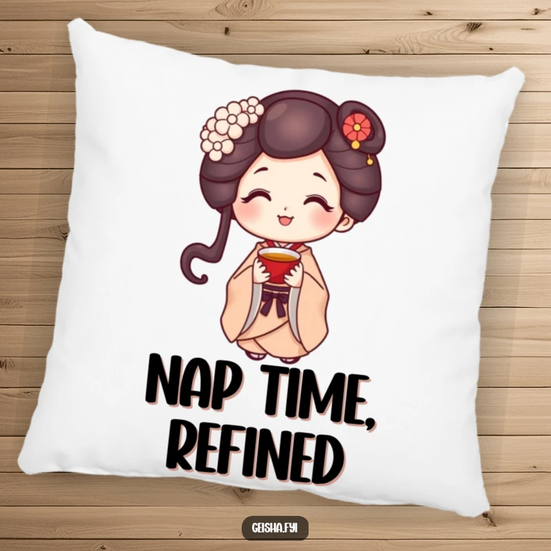 Funny geisha character with a sweet smile resting comfortably on a pillow, offering a tiny cup of tea.