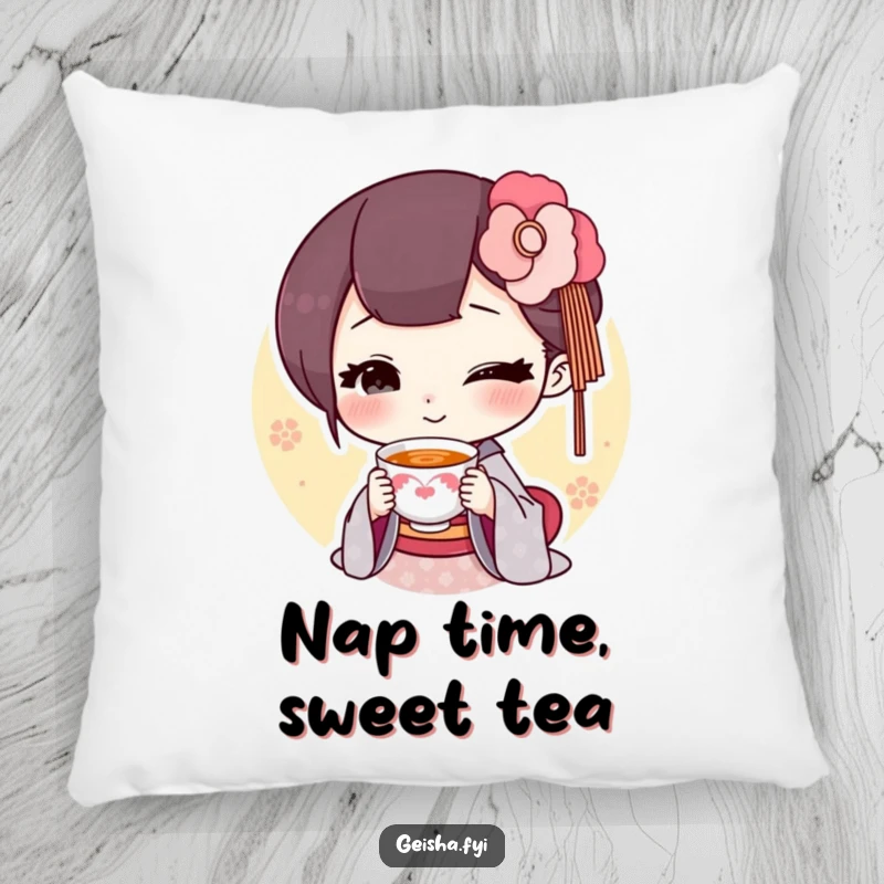 Funny geisha offering a tiny smiling teacup pillow, soft decor, sweet and humorous design, great funny gift.